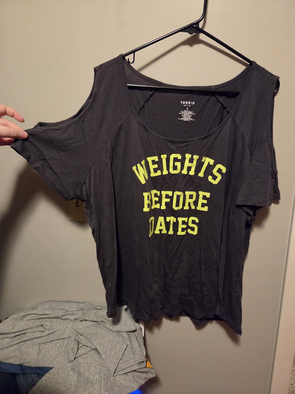 torrid Black Cold-Shoulder Activetee Neon Yellow 'Weights Before Dates' Print